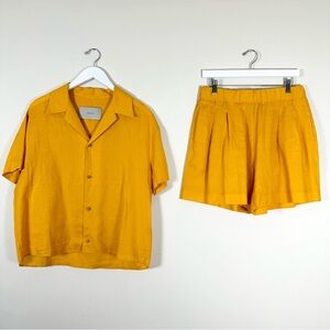 ASCENO Prague Button Down Collared Top Zurich Organic linen shorts Matching Set